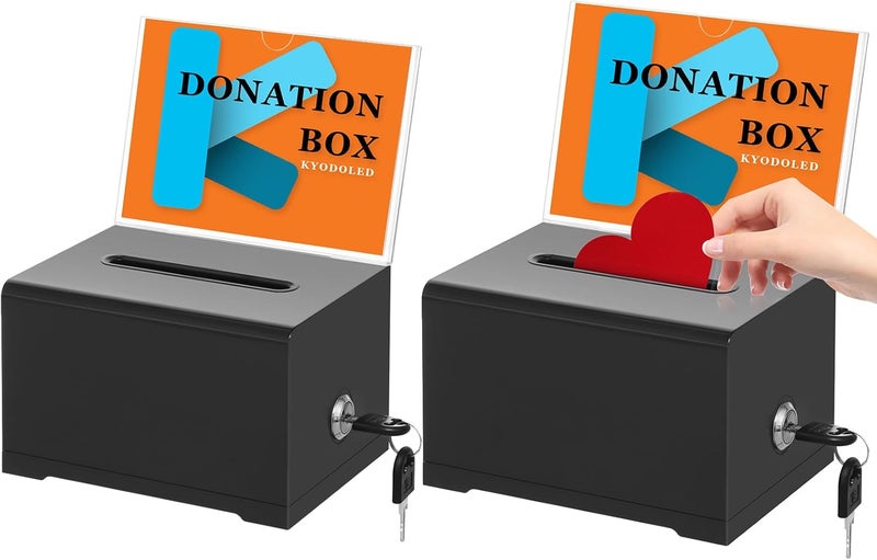 KYODOLED Black Donation Box for Fundraising, Suggestion Box with Lock and Key, Tip Jar for Tickets with Sign Holder, for Raffle, Event and Organization, 6.2"x4.6"x4", 2PACK (Sign Card Not Contain) - Image 1
